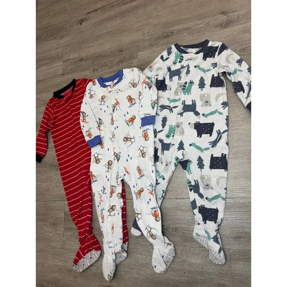 3 Pack Footed Zip Pajama Sleepers 24 Months Red Animal Monkey Bundle